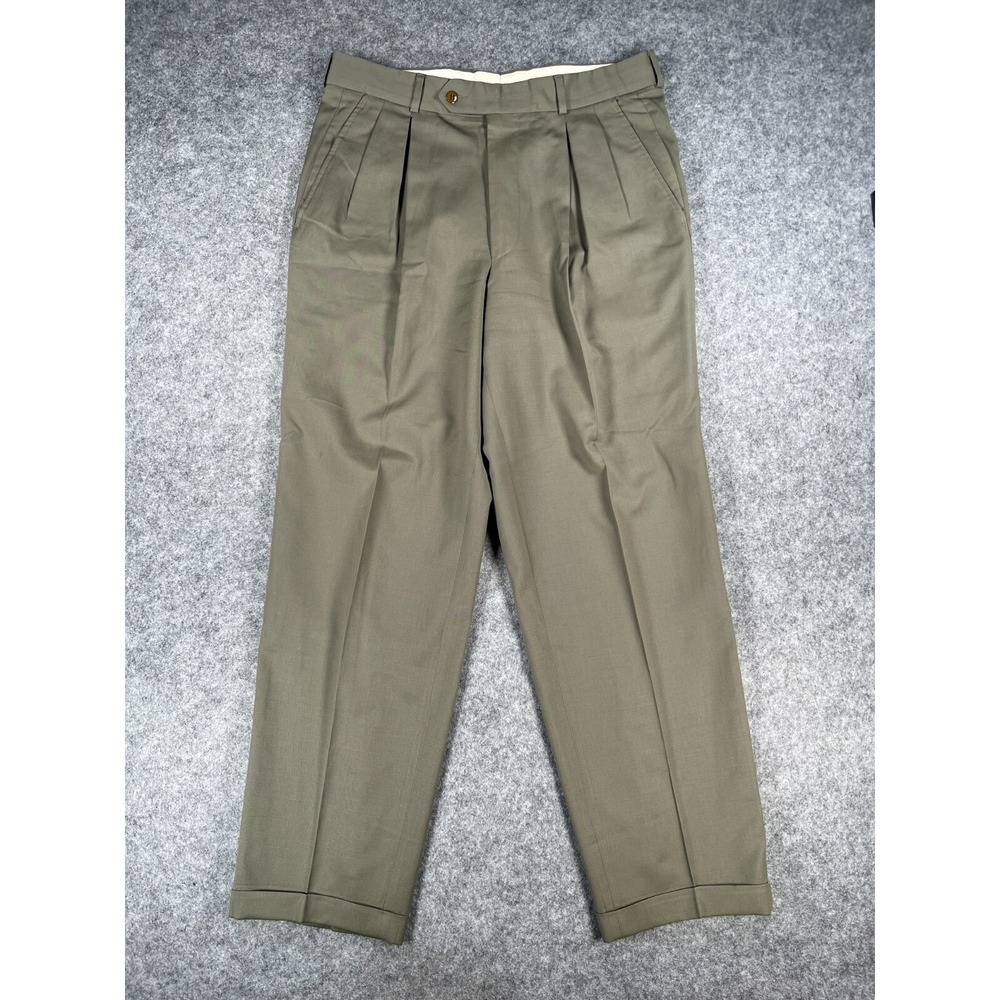 Hugo Boss Pants Men's 35x32‎ Olive Green Straight Leg Pleated Cuffed 100% Wool